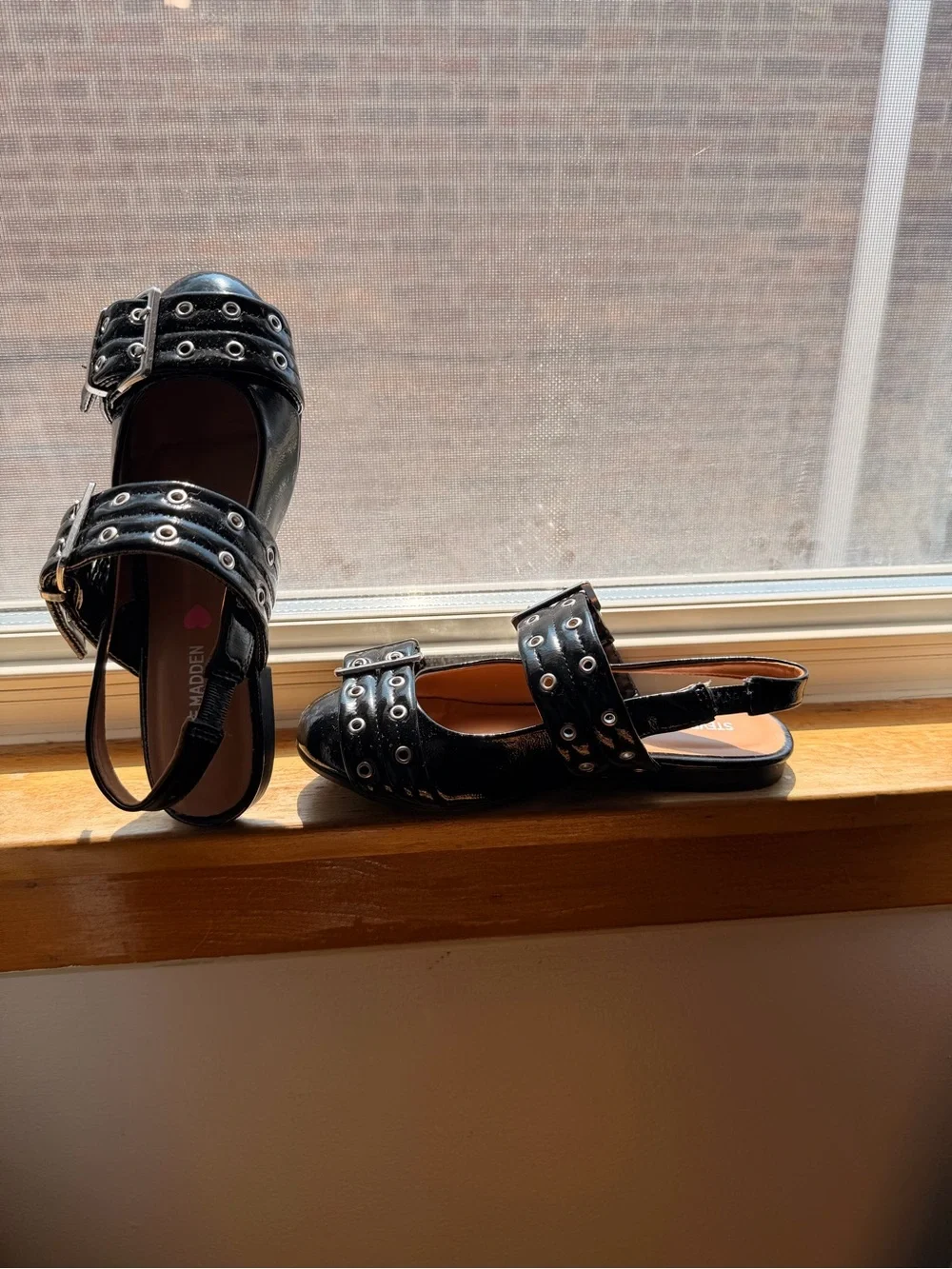 Steve Madden Black Patent Studded Buckle Slingback Flats